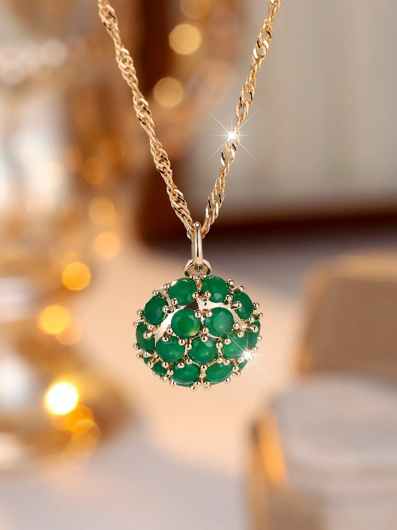 Golden green emerald diamond pendant necklace with adjustable 51-60cm chain in champagne gold colour