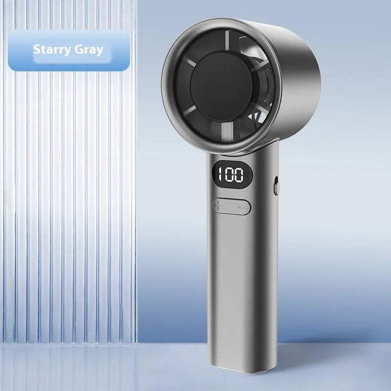 Handheld USB fan with brushless motor showing 120 speed settings and 1800mAh battery capacity