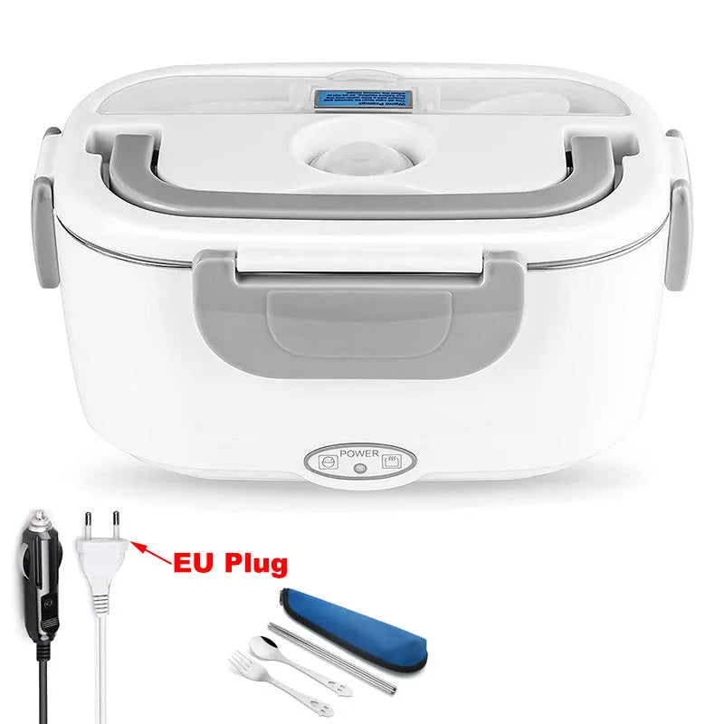 Grey electric heating lunch box with stainless steel inner tank for car and home use