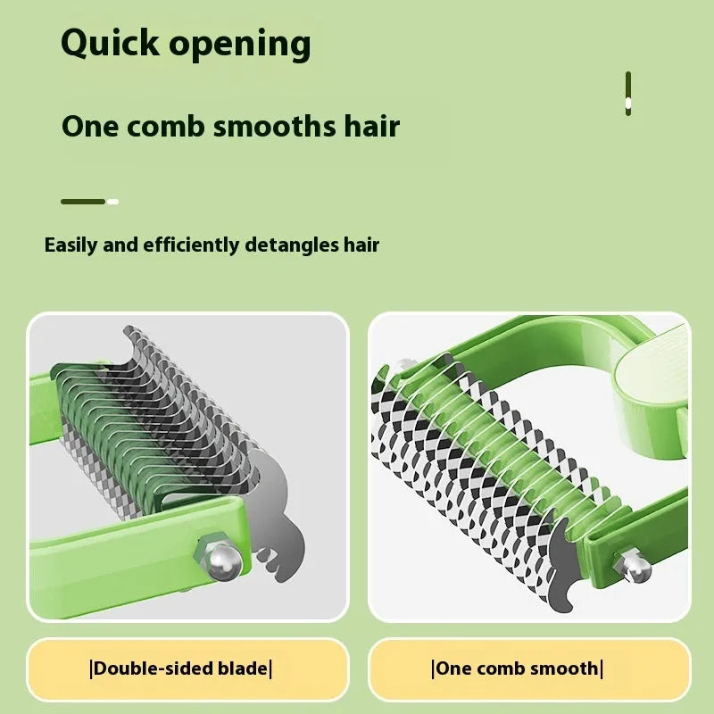 Dog grooming comb with stainless steel teeth and plastic handle in green or grey colour