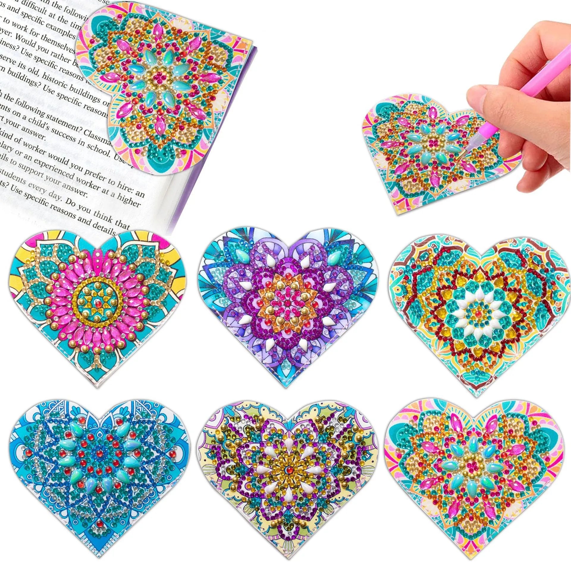 Six handmade PU leather bookmarks with crystal and flower cornerite designs in modern simplicity style