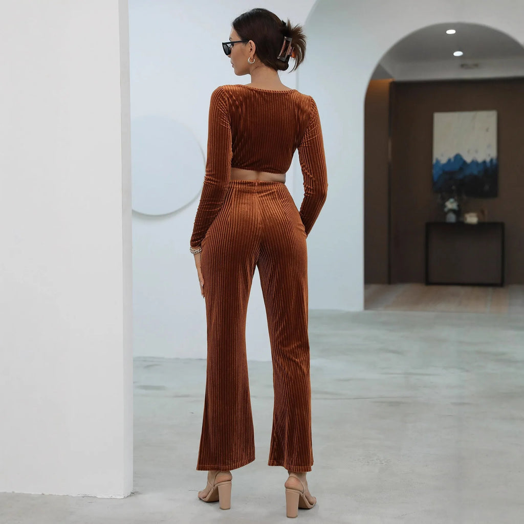 Caramel coloured women's long sleeve sweater and matching trousers casual two-piece set.