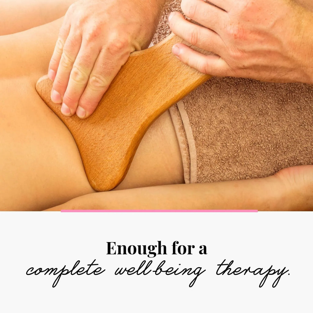 Natural beech wood massage roller set with multiple wheel configurations including straight and curved designs