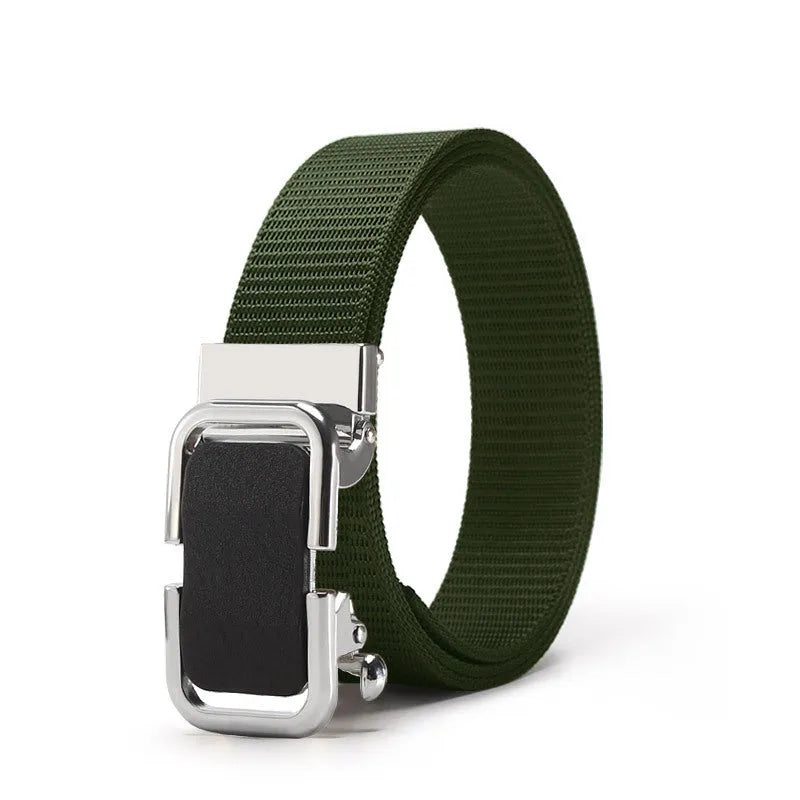 Men's navy blue nylon canvas belt with a silver alloy toothless buckle on a 120cm strap.