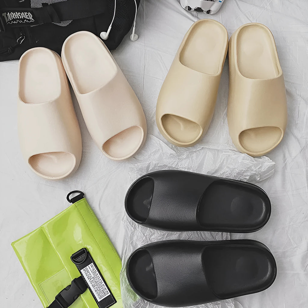 Women's beach slipper with thick EVA sole in beige, black, brown, or green, showing youth fashion style.