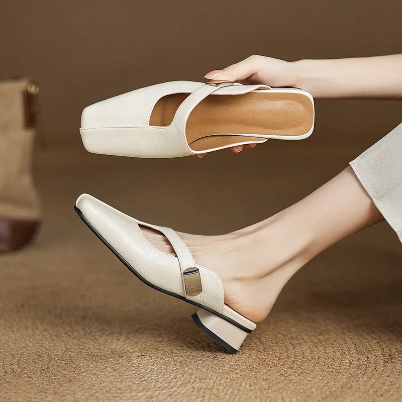 British-style square toe leisure slippers in artificial PU with rubber sole
