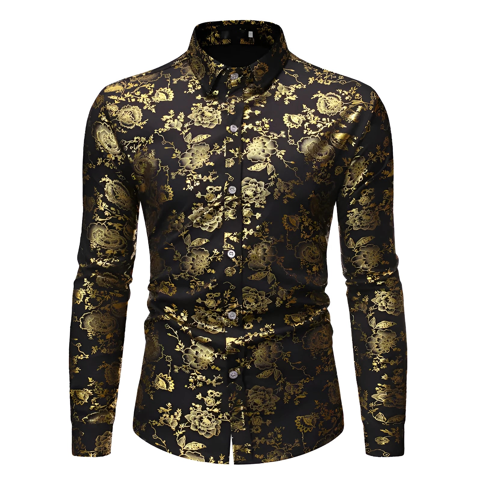 Men's metal bronzing printed lapel casual shirt in polyester fabric available in multiple colours