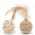 Two cat toys: rattan ball and faux feather bell ball with measurements 3.5cm and 4x9cm