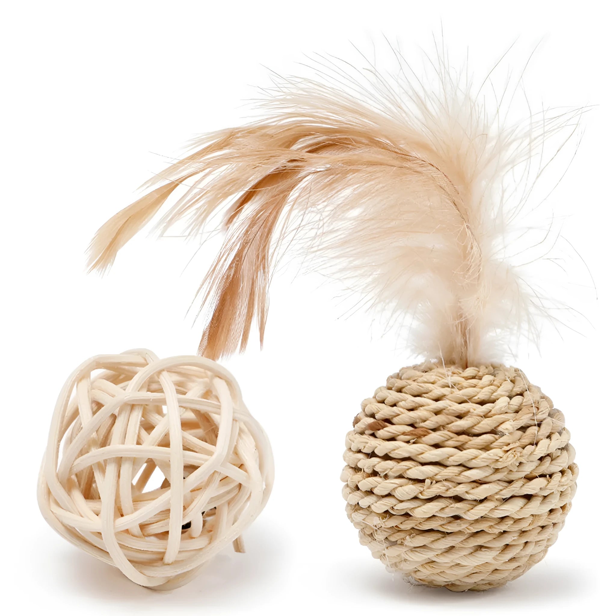 Two cat toys: rattan ball and faux feather bell ball with measurements 3.5cm and 4x9cm