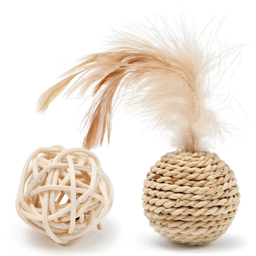 Two cat toys: rattan ball and faux feather bell ball with measurements 3.5cm and 4x9cm