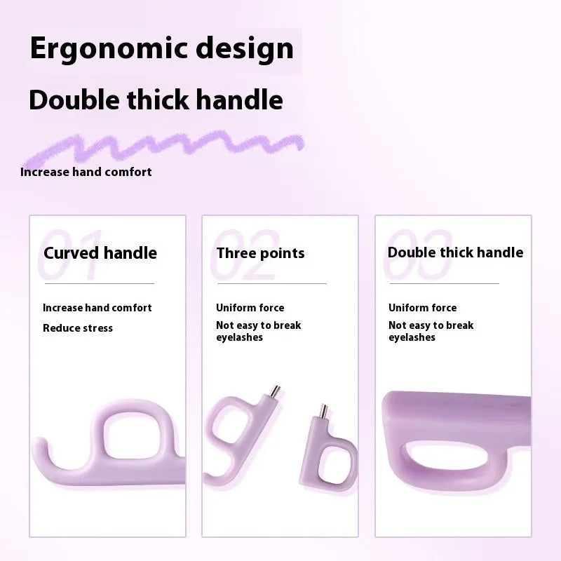 A4 chrome scissors handle eyelash curler with tail, shown in pink and purple colour options.