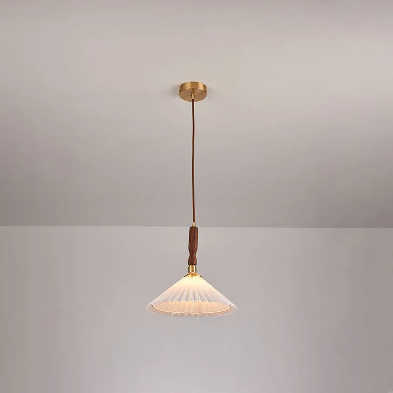 American retro style wall lamp with rubber wood frame and fabric shade in walnut wood colour