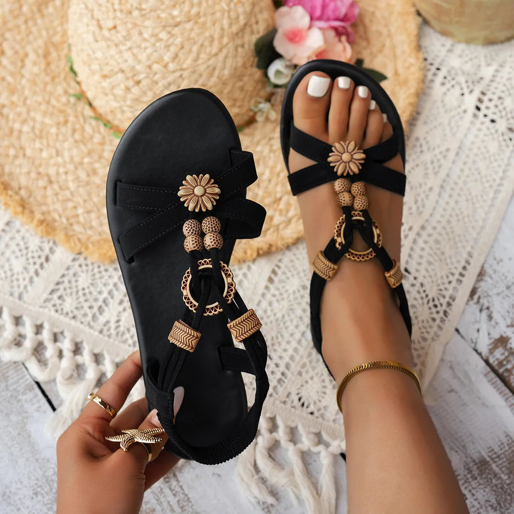 Black ethnic style women's flat beach sandals with beaded weave and rhinestone decoration