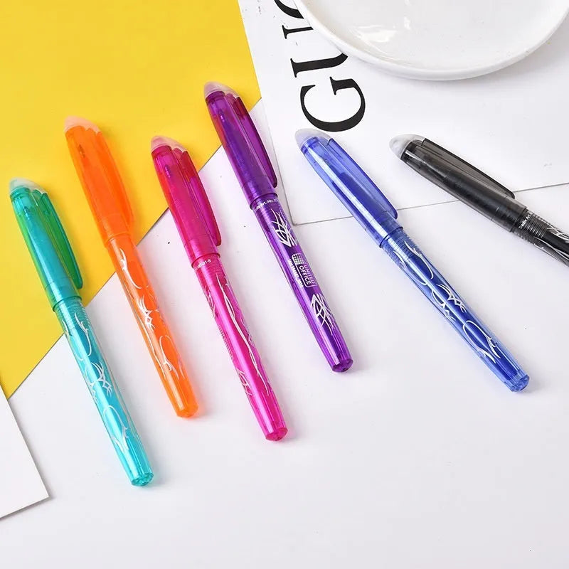 Set of heat erasable gel pens with plastic bodies and stainless steel nibs, in multiple colours.