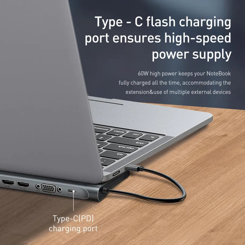 Grey aluminium USB-C docking station with cooling bracket showing ten ports including HDMI and Ethernet