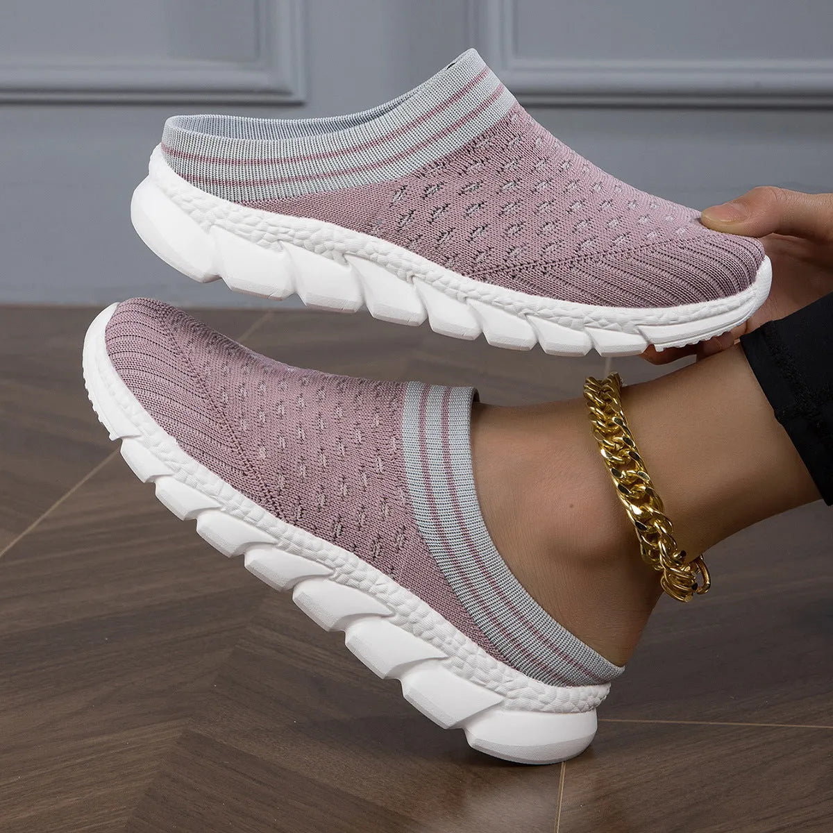 Women's striped flyknit socks semi slippers with hollowed-out design in black, pink and purple colours