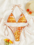 Women's split bikini swimsuit with bandage stitching in polyester fabric, available in multiple colours