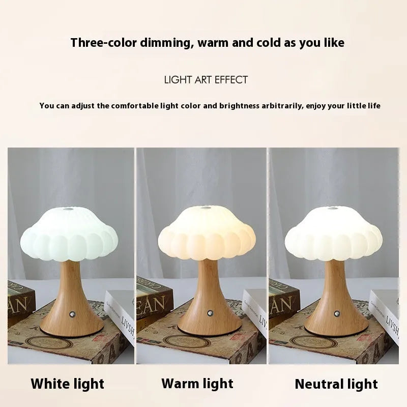 Creative mushroom-shaped night light in wood grain finish with USB charging port