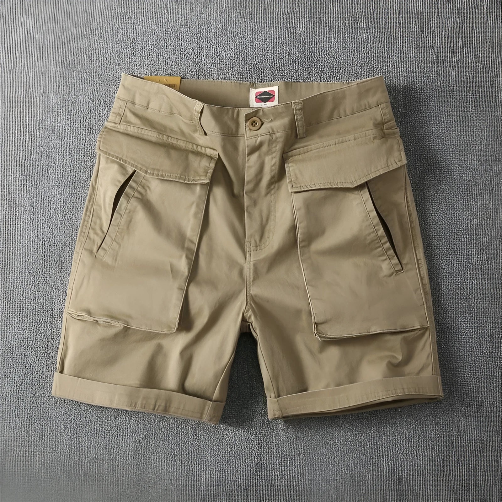 Men's stretch cotton cargo shorts in army green showing multiple pockets and straight-leg fit.