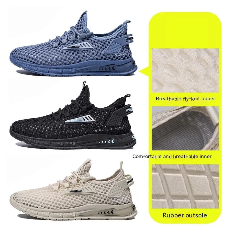Men's beige mesh sneakers with lace-up front and synthetic leather upper on a flat EVA sole.