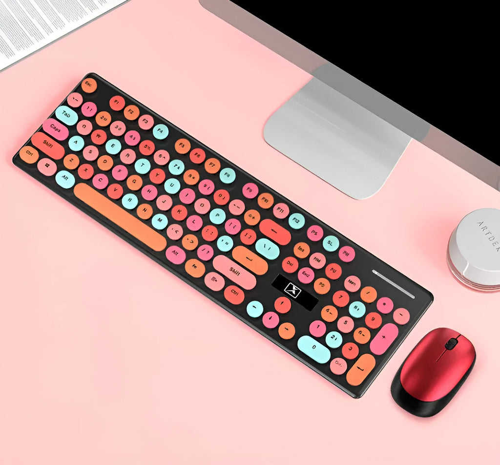 Vibrant yellow wireless keyboard and mouse set with backlight feature on desktop