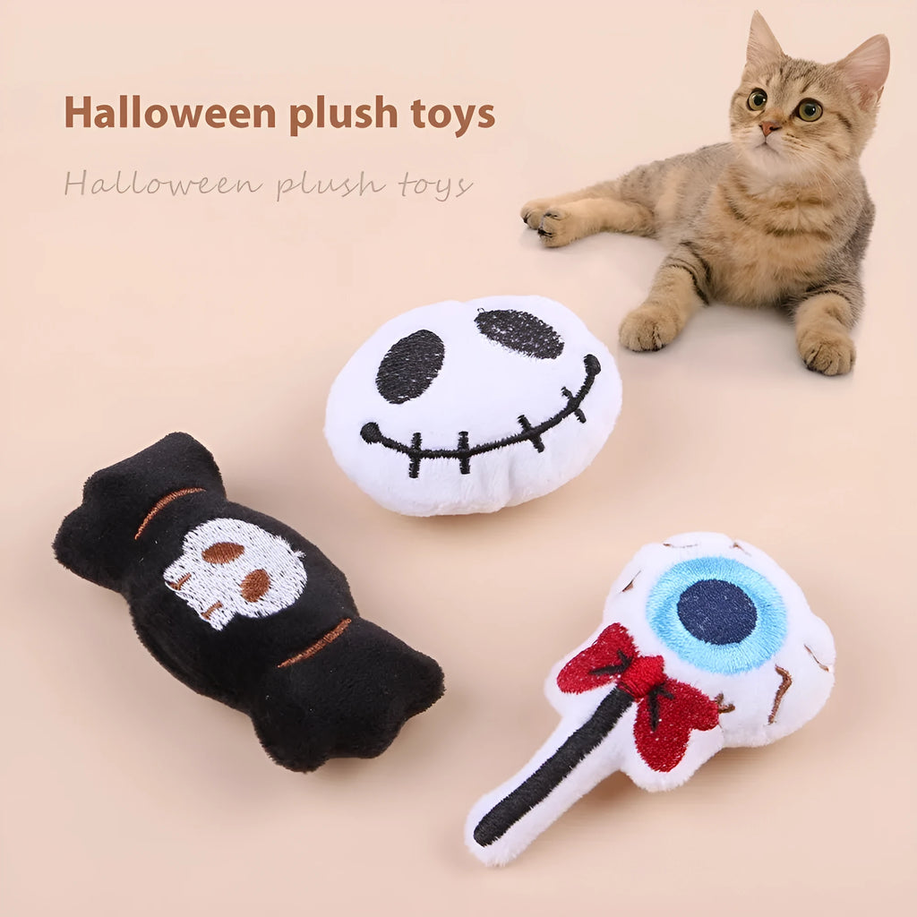 Handheld plush cat teaser toy with candy design on small wand for interactive play