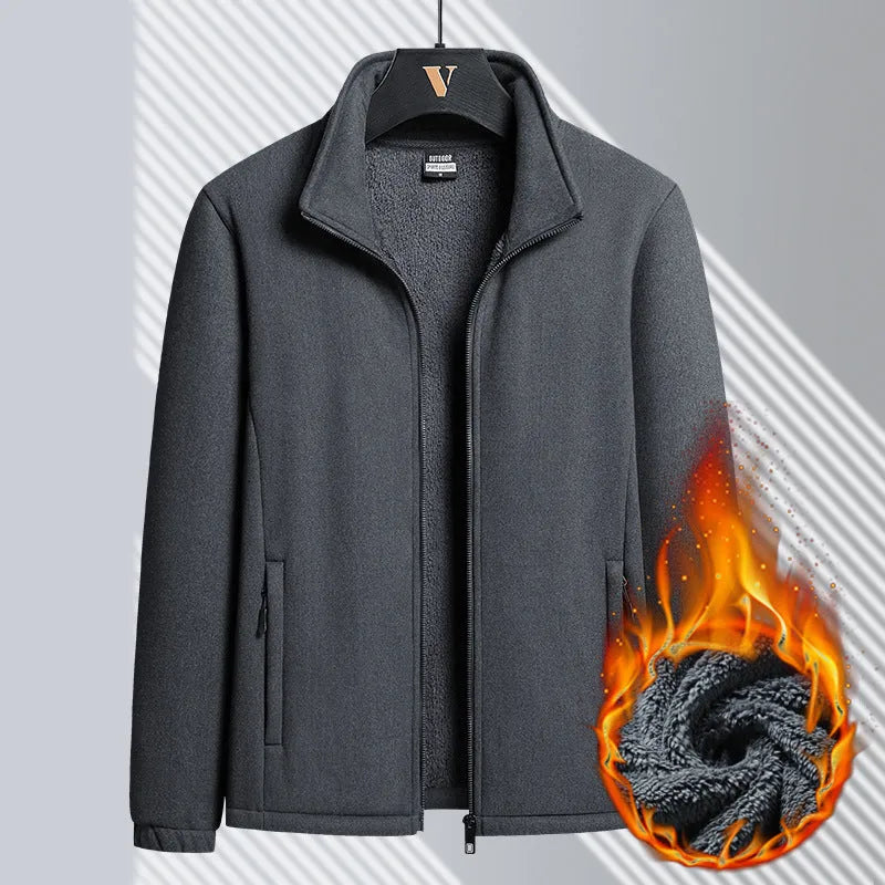 Men's grey berber fleece coat with stand-up collar and zippered front