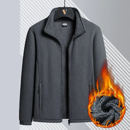 Men's grey berber fleece coat with stand-up collar and zippered front