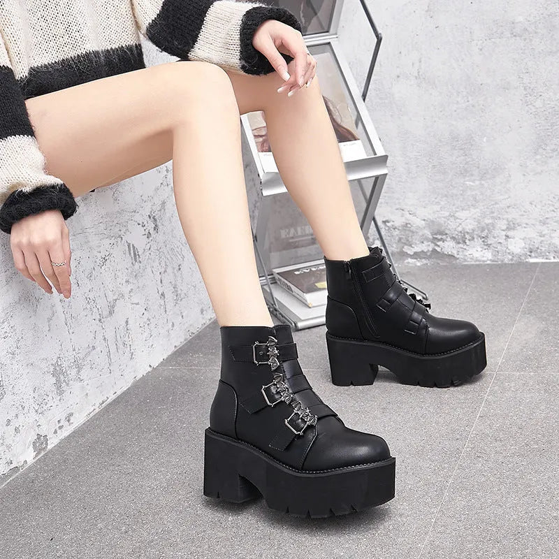 Black women's platform ankle boots with bat buckle Gothic detailing and side zipper