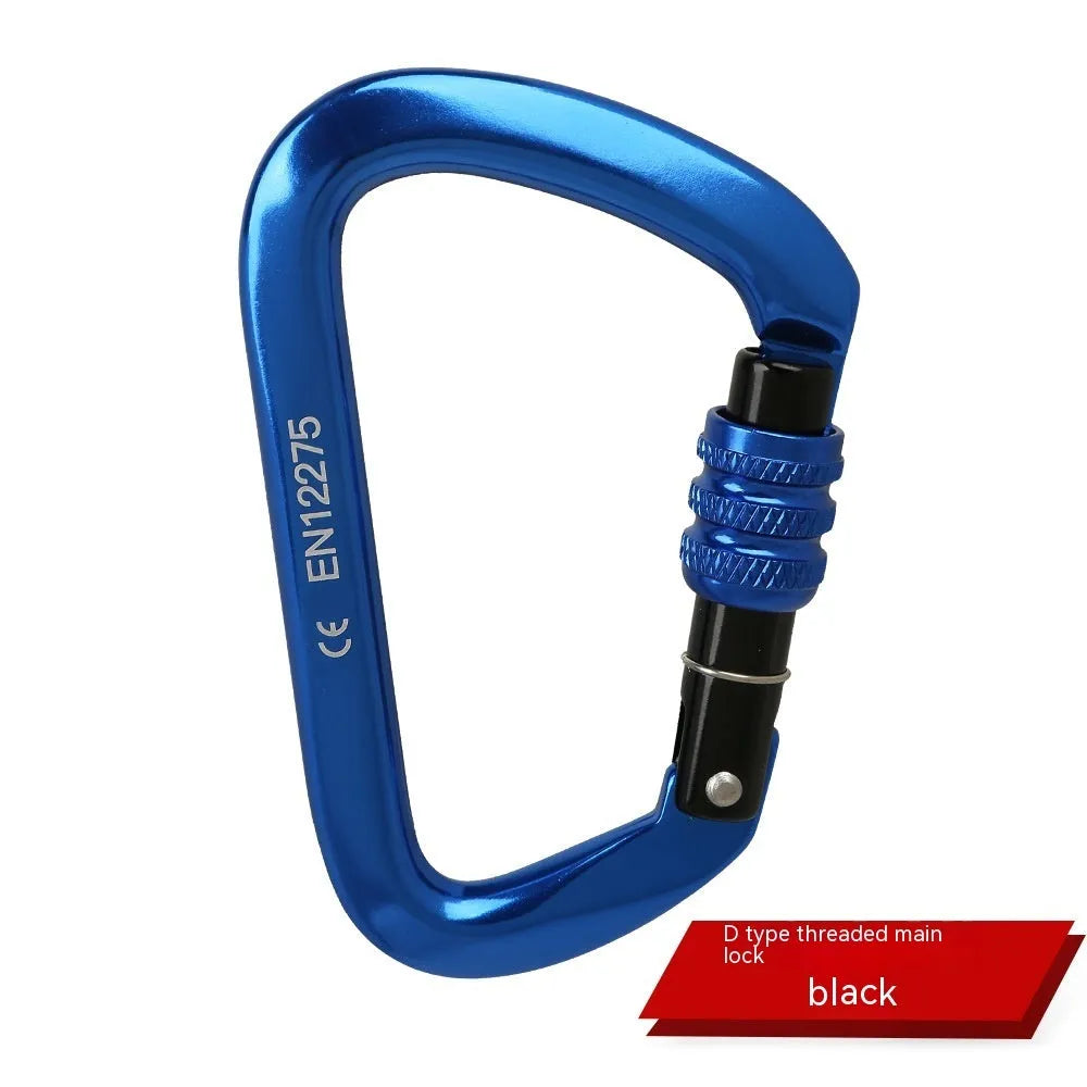 D-shaped rock climbing carabiner main lock with choice of threaded or automatic gate closure, shown in multiple colours.
