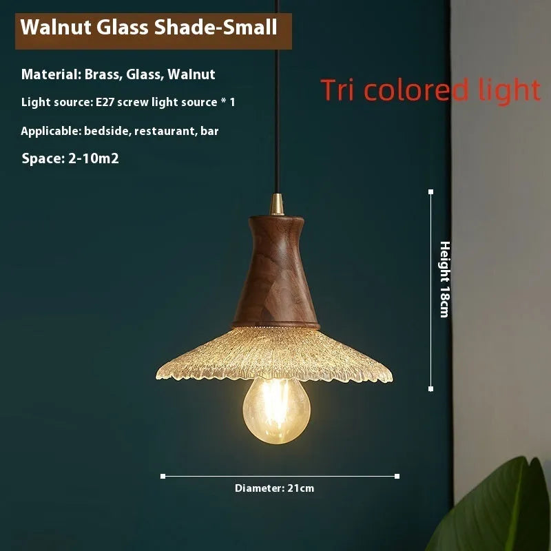 Wood and brass electroplated chandelier with glass shade in three sizes for commercial lighting