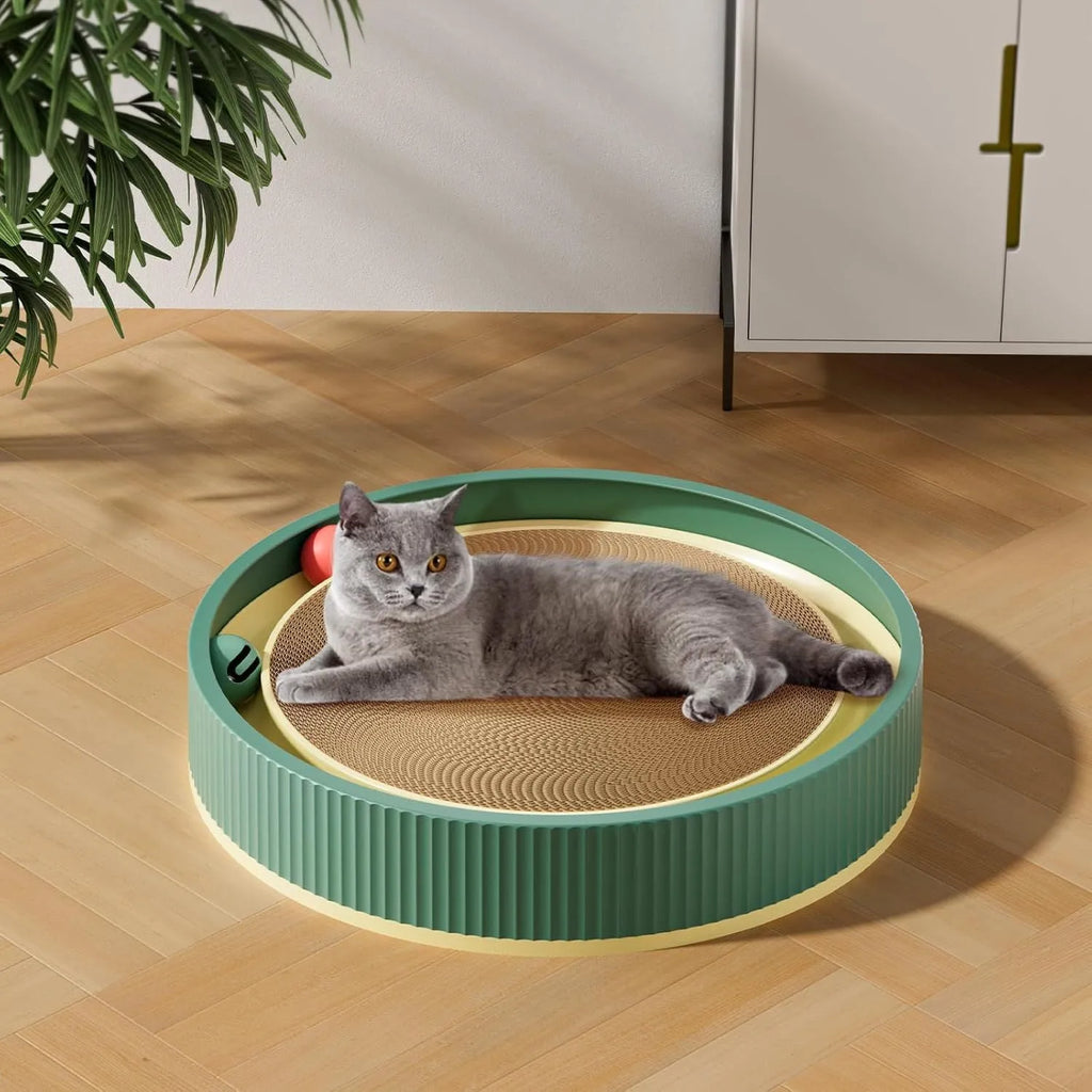 Large circular cat scratching board with ball toys measuring 45cm in diameter