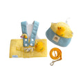 Small pet wearing a cute hat and three-piece outfit with a matching dog harness and wire rope leash set.