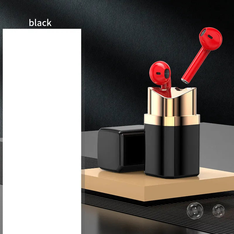 Lipstick-shaped charging case with pink wireless Bluetooth in-ear earphones