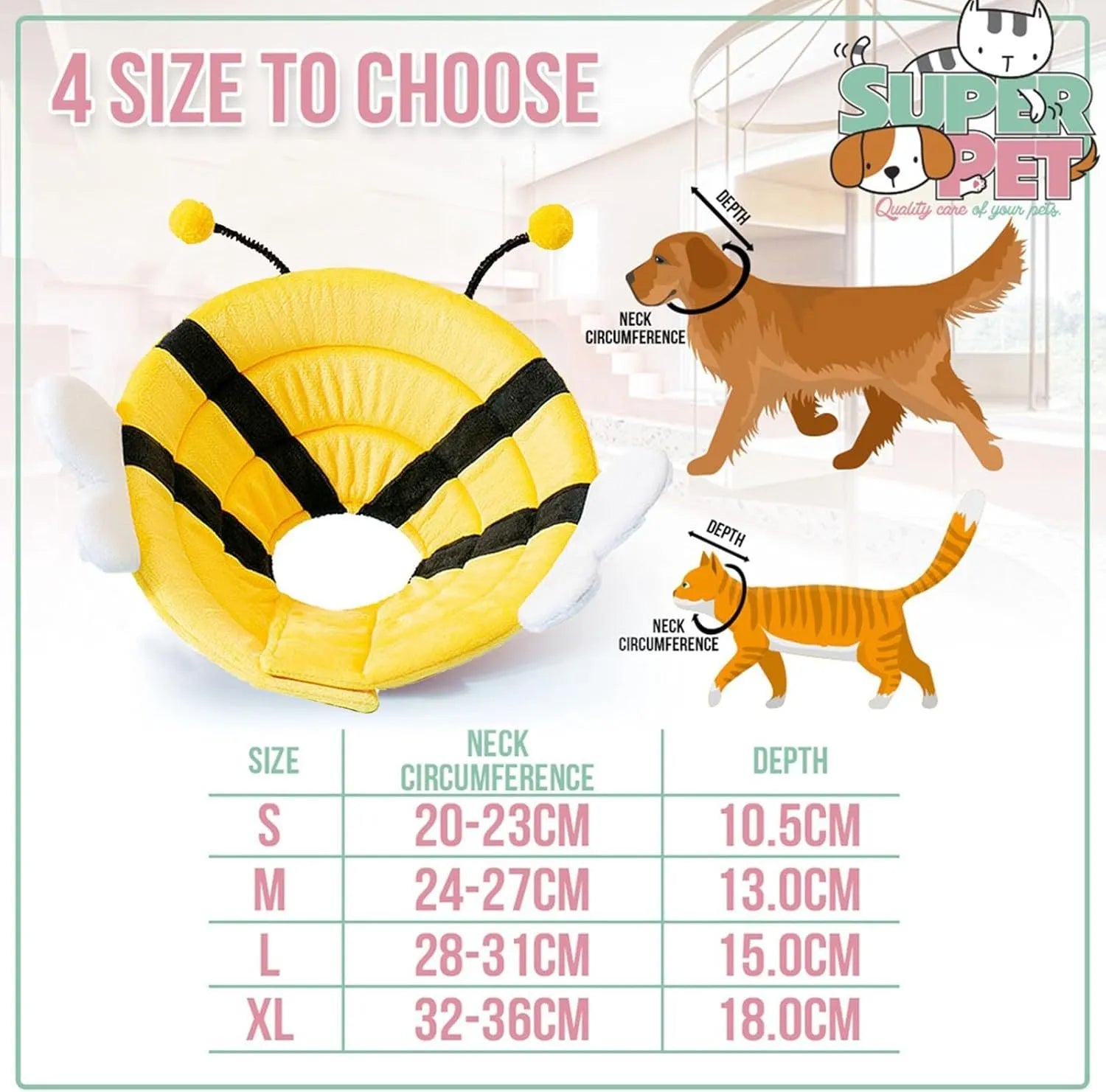 Soft cat cone collar with bee design showing adjustable velcro closure