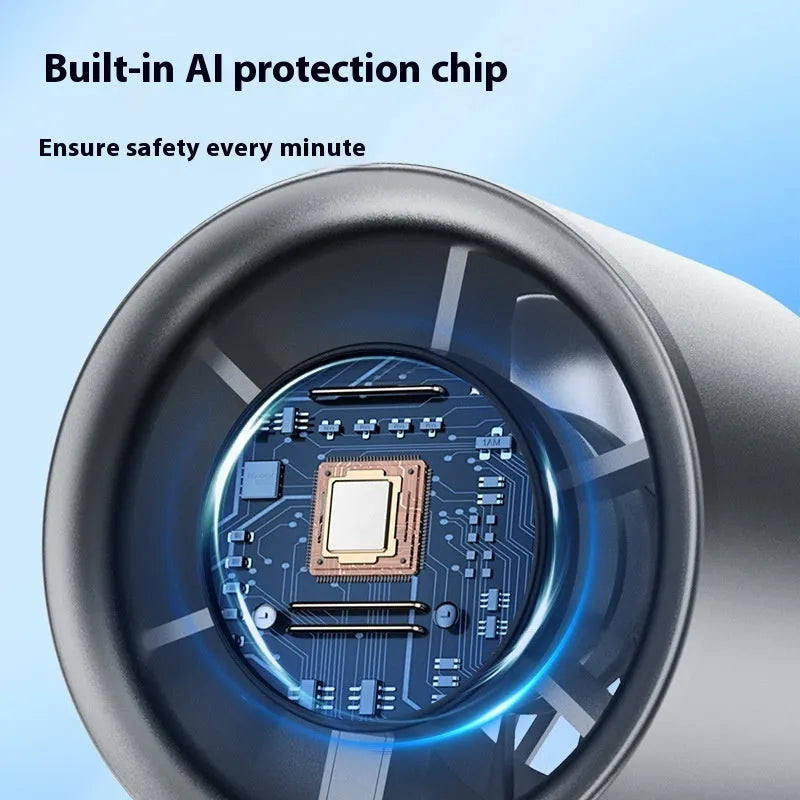 Handheld USB fan with brushless motor showing 120 speed settings and 1800mAh battery capacity