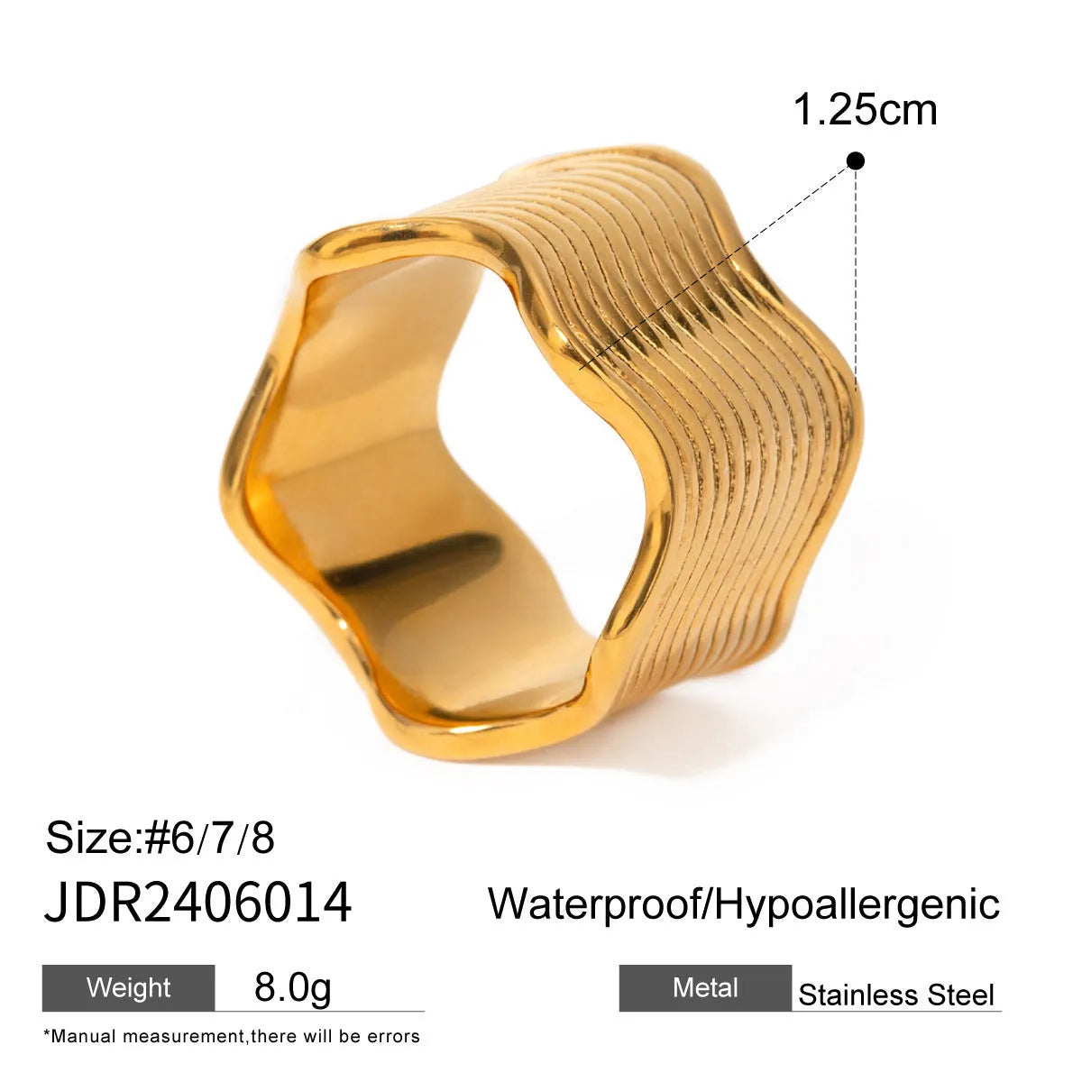 Stainless steel women's ring with geometric wide wave design and electroplated finish.