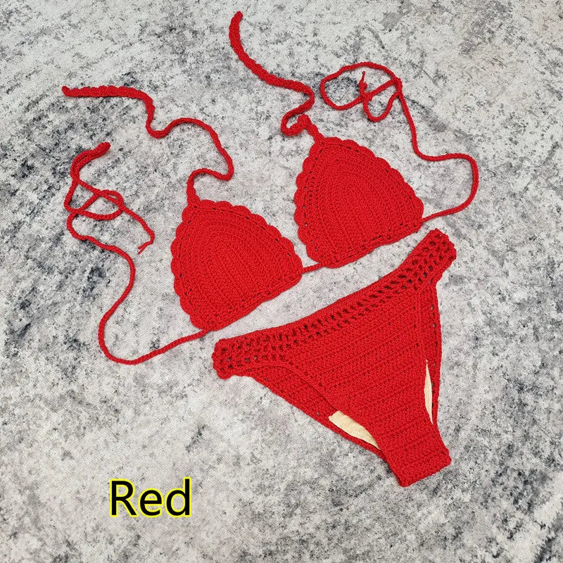 Women's handmade crochet bikini and matching beach skirt swimsuit set in acrylic fabric