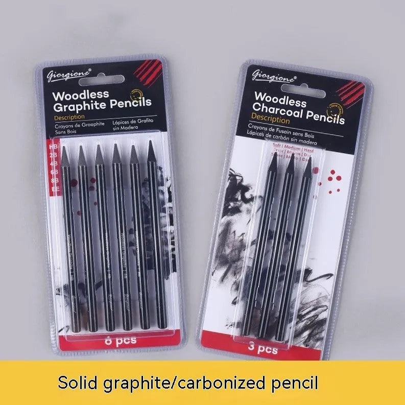 Set of nine wooden drawing pencils on a card, including graphite and carbonized pencils for sketching.