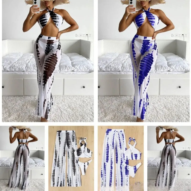 Women's three-piece polyester swimsuit set with printing pattern in black or blue options
