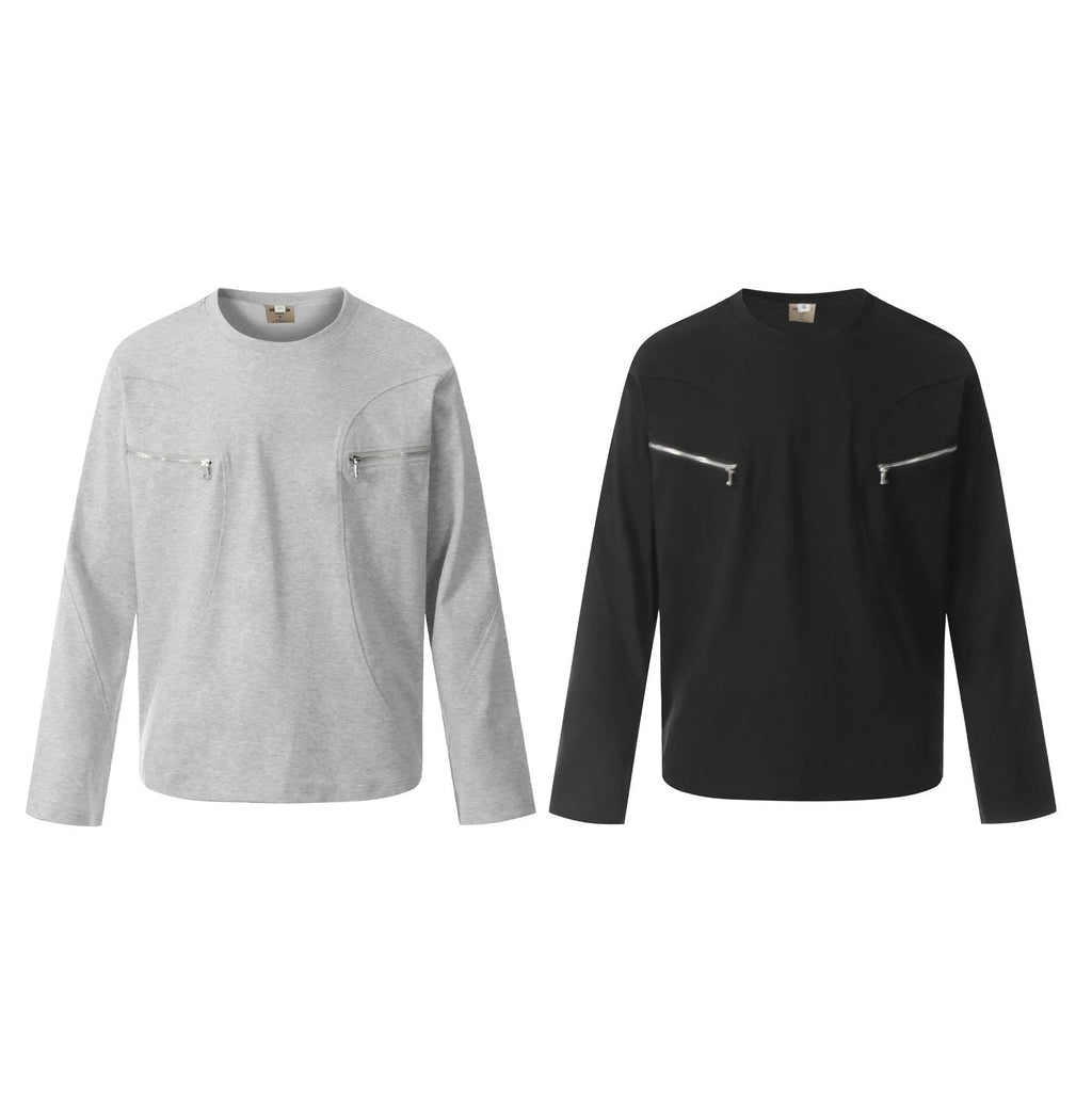 A man's loose-fit black cotton pullover T-shirt with long sleeves in a casual retro style.