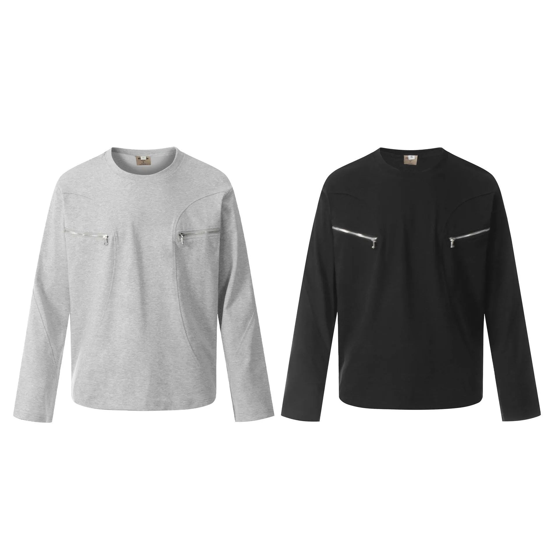 A man's loose-fit black cotton pullover T-shirt with long sleeves in a casual retro style.