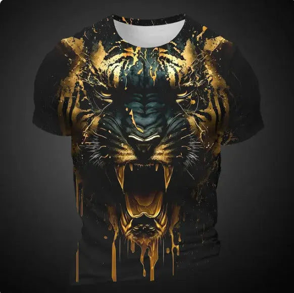 Men's grey T-shirt featuring a large, realistic 3D digital print of a tiger's face on the front.