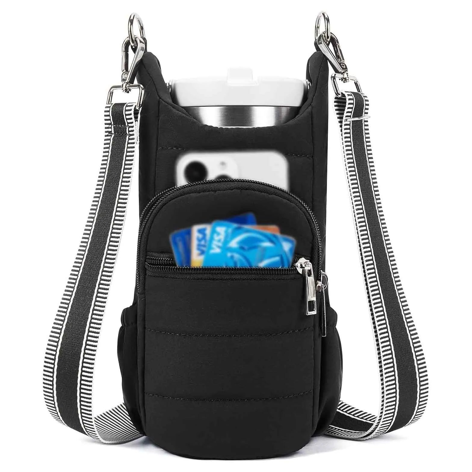 Black, pink and beige cloth water bottle bags for bicycles
