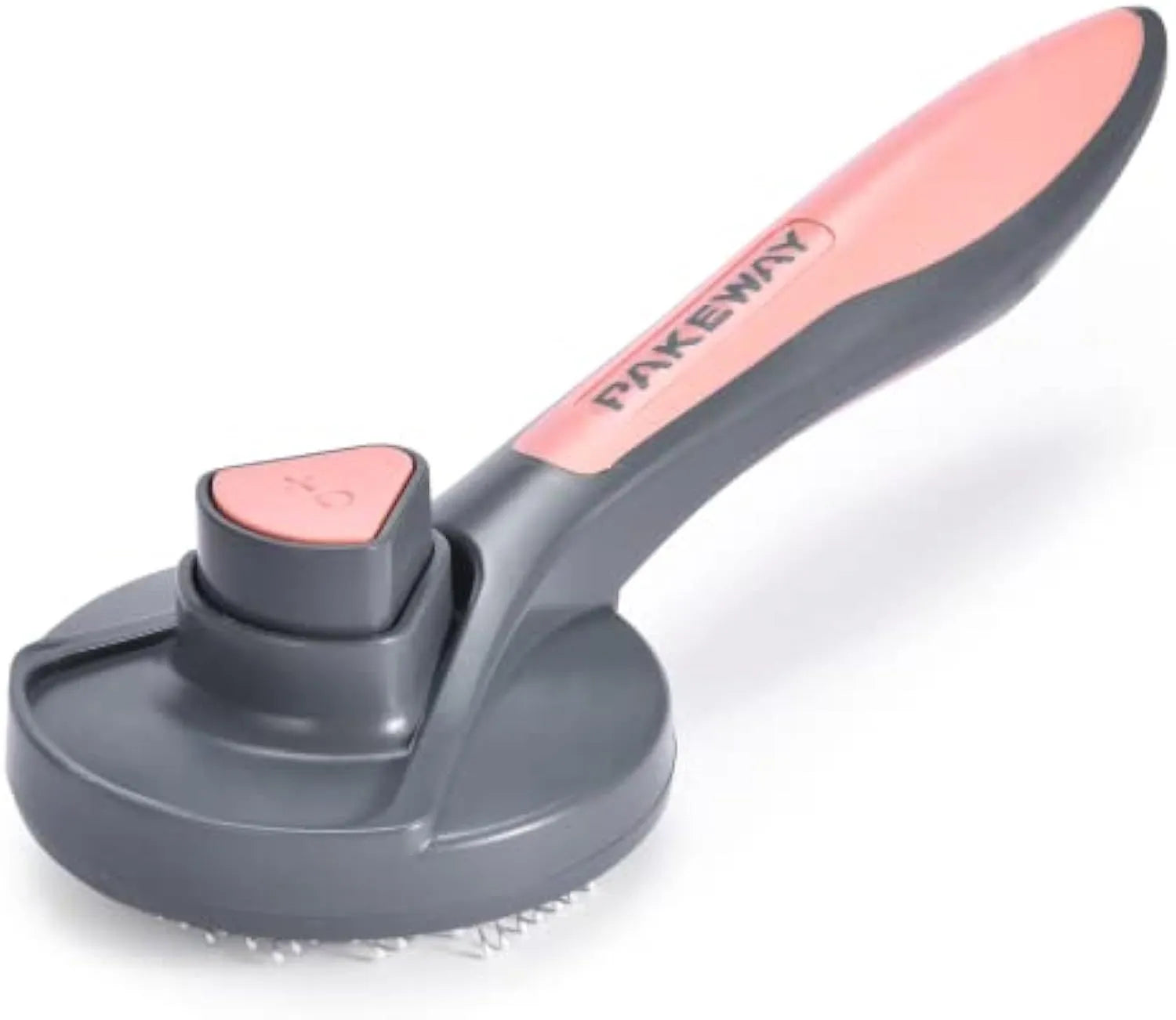 Gray self-cleaning slicker brush for pet grooming with one-click cleaning button on handle