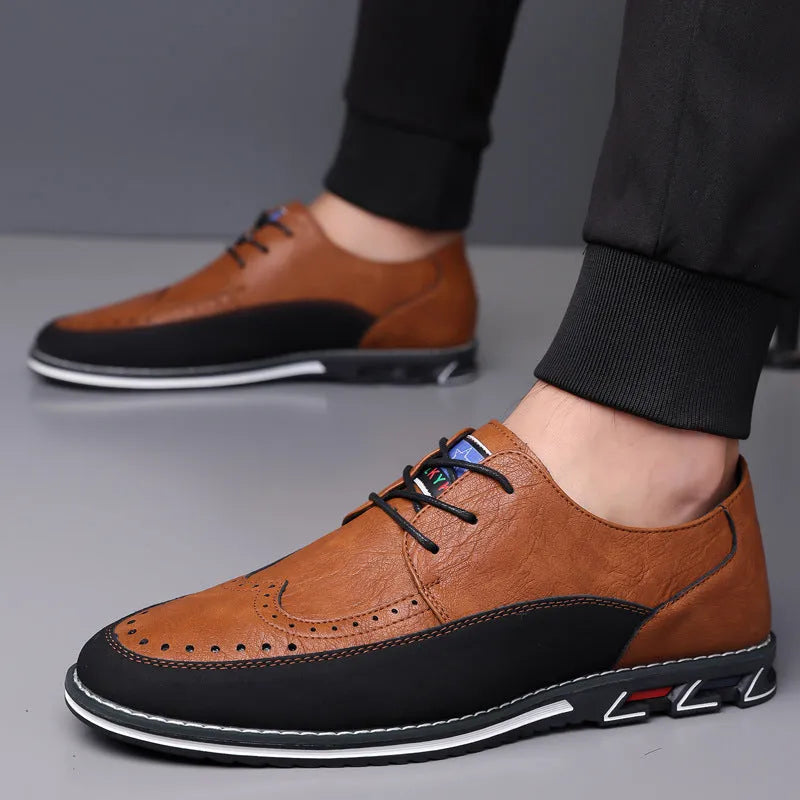 Men's black casual leather slip-on shoe with rubber sole and leather toe cap detail