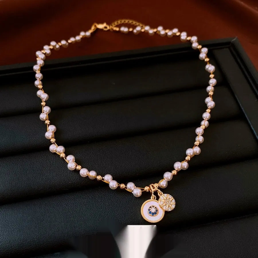 Real gold electroplated zircon pearl round pendant necklace with adjustable 41-50cm clavicle chain