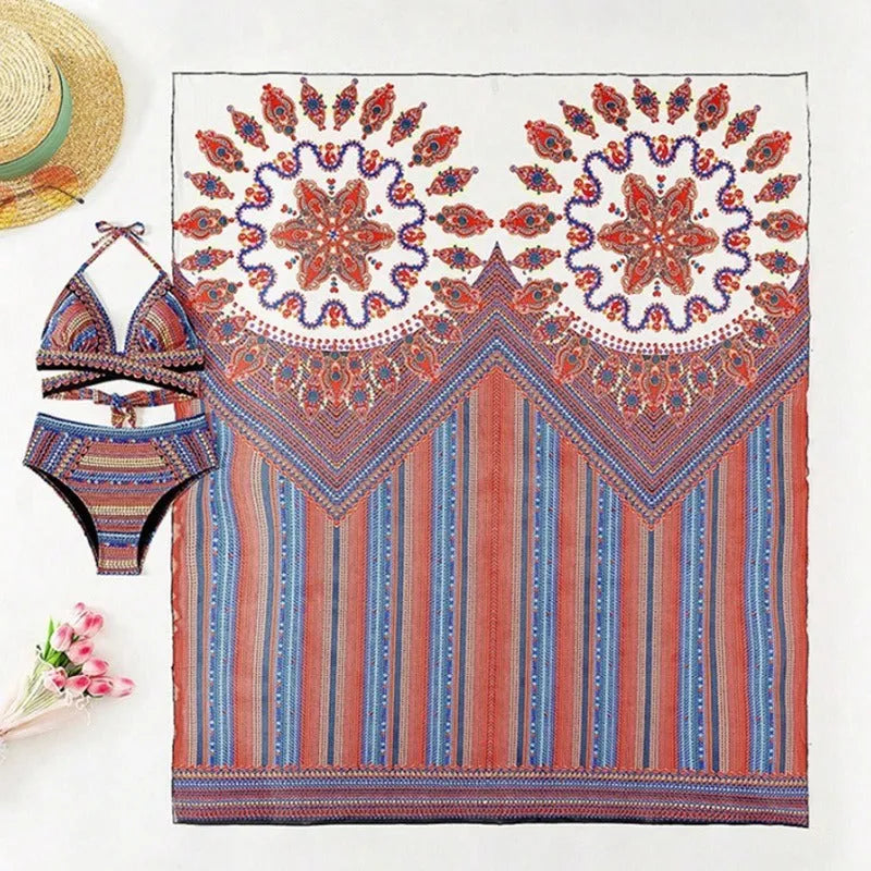 Women's three-piece swimsuit set with cutout blouse and high-waist briefs in polyester fabric