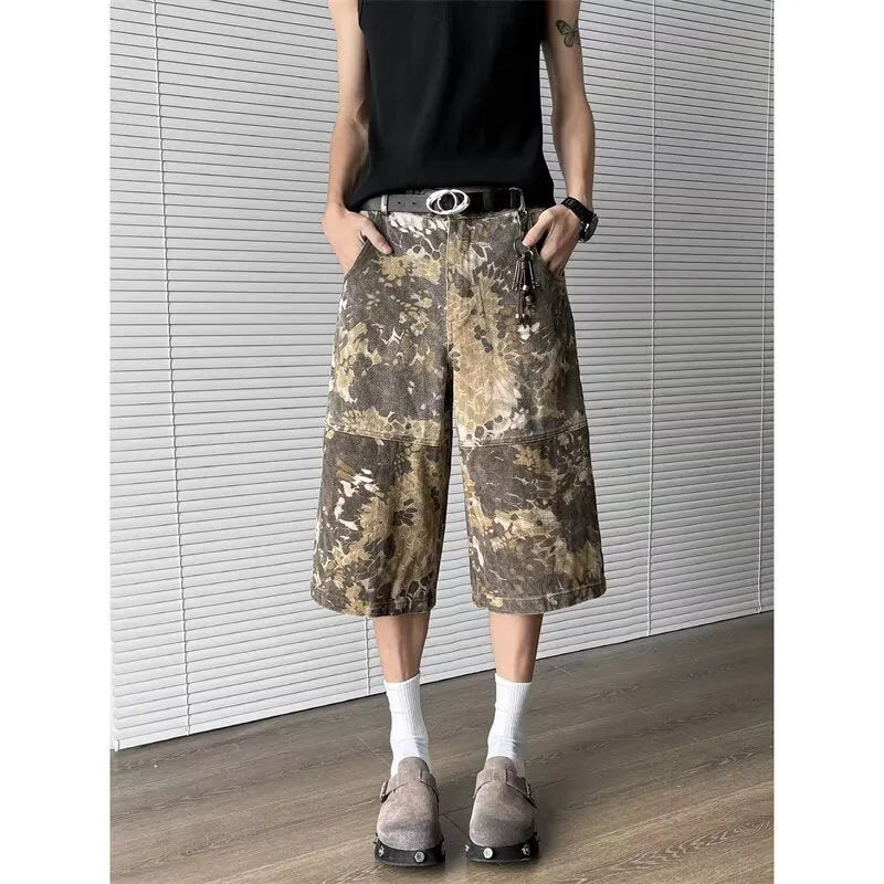 Yellow women's jeans with snake camouflage pattern and cropped length