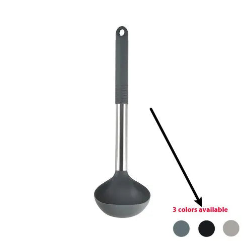 Silicone kitchen utensil set with 12 pieces including spatula, turner, ladel, and food clip in rotating storage bucket